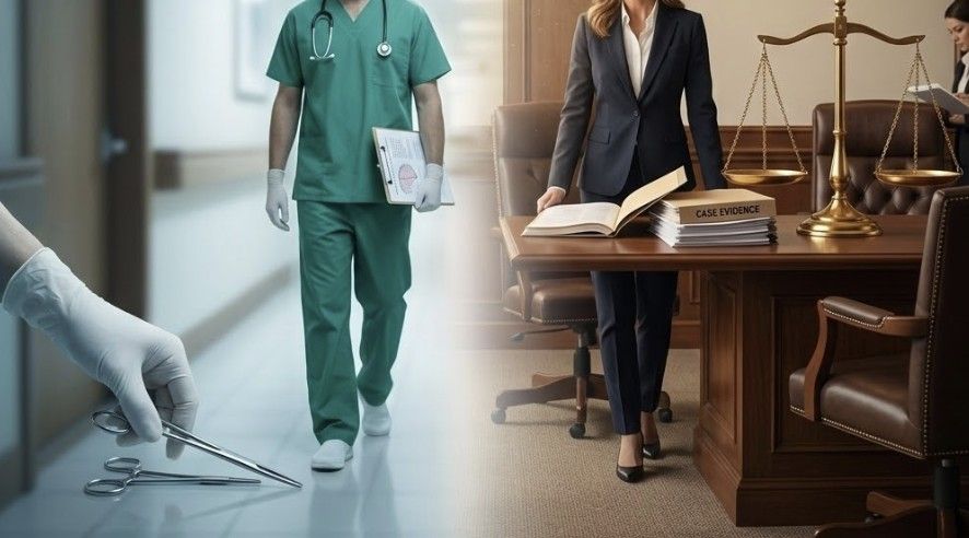 Split image showing a medical professional with surgical tools on one side and an attorney reviewing case evidence in a law office on the other, representing medical malpractice litigation.