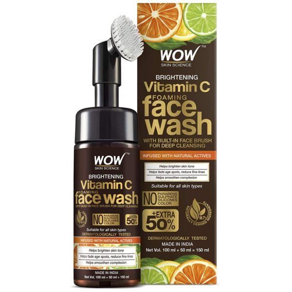 WOW Skin Science Brightening Vitamin C Foaming Face Wash with Built-In Face Brush for deep cleansing - No Parabens, Sulphate, Silicones & Color - 100mL + 50mL = 150mL