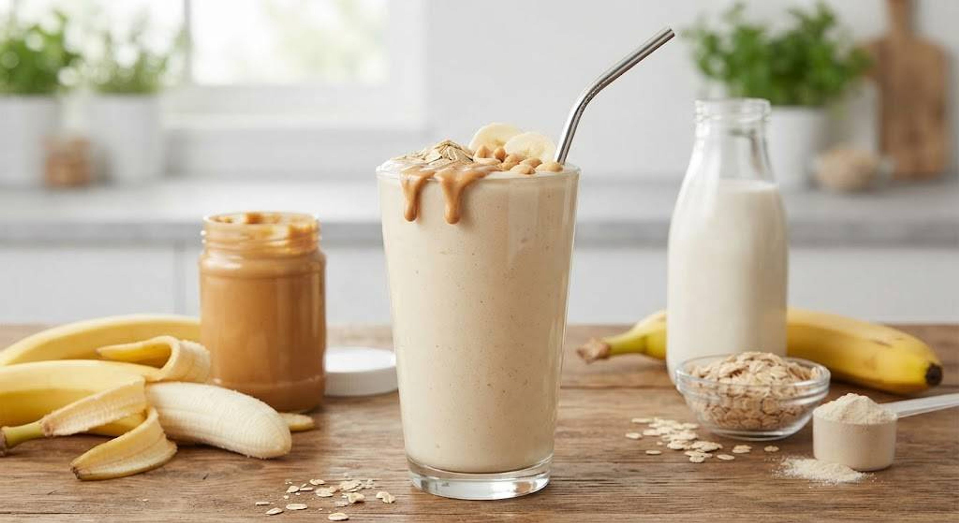 Smoothie de plátano y mantequilla de maní alto en proteínas