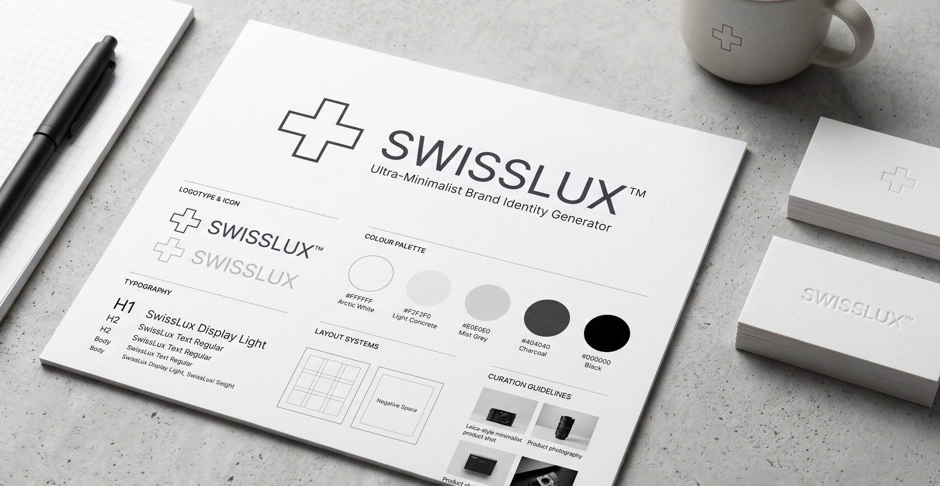 SwissLux™ Ultra-Minimalist Brand Identity Generator