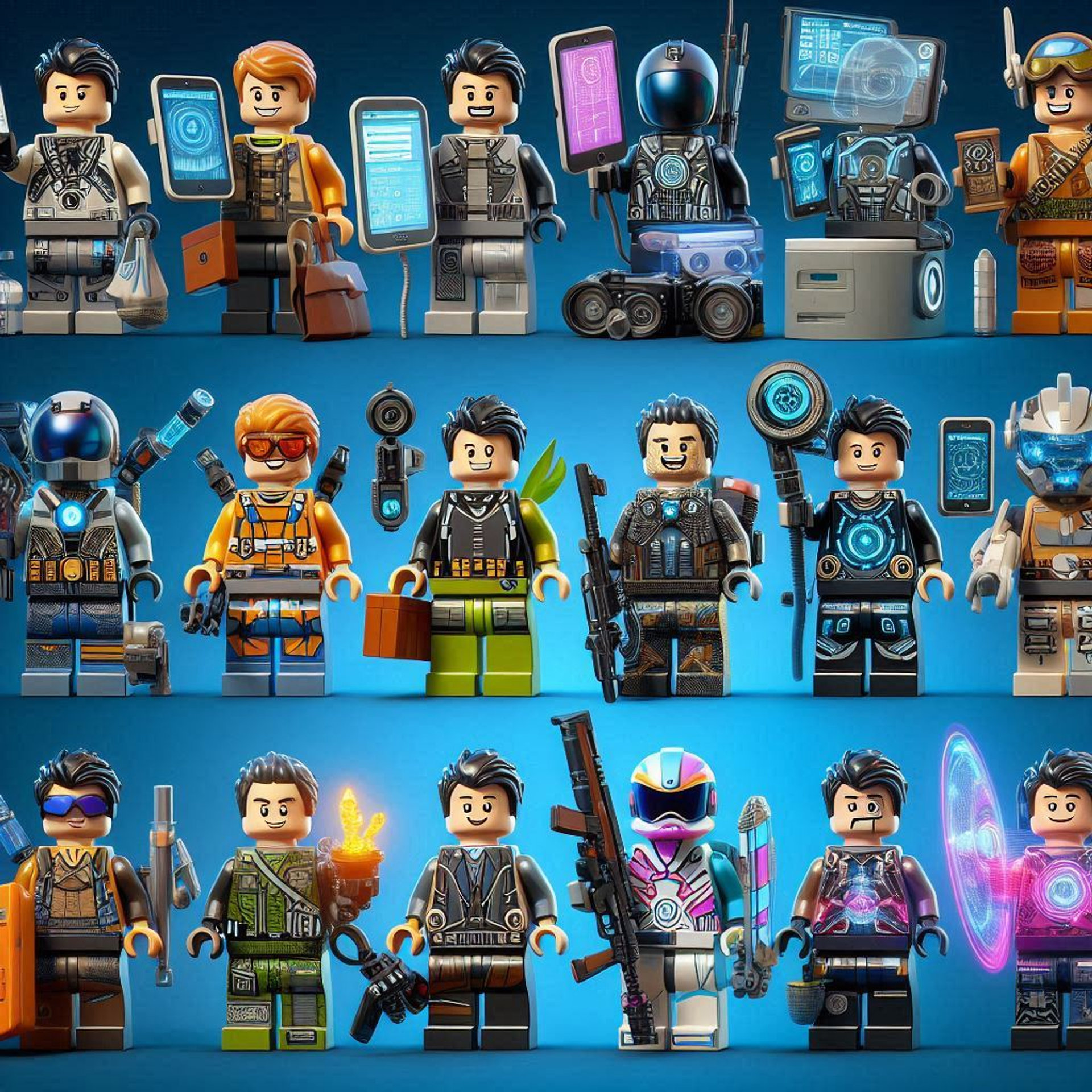Generate the Images of LEGO characters which showcasing various expressions , outfits , gadgets.