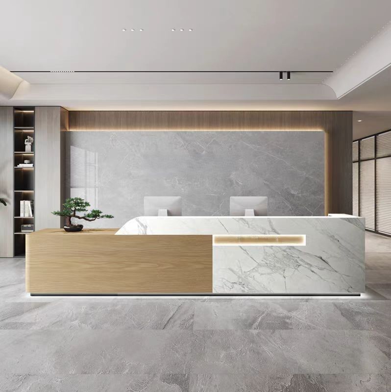 Custom Modern Minimalist L Shape Reception Desk with LED Light for Office Hotel Lobby Gym Hospital Supermarket Cashier Areas