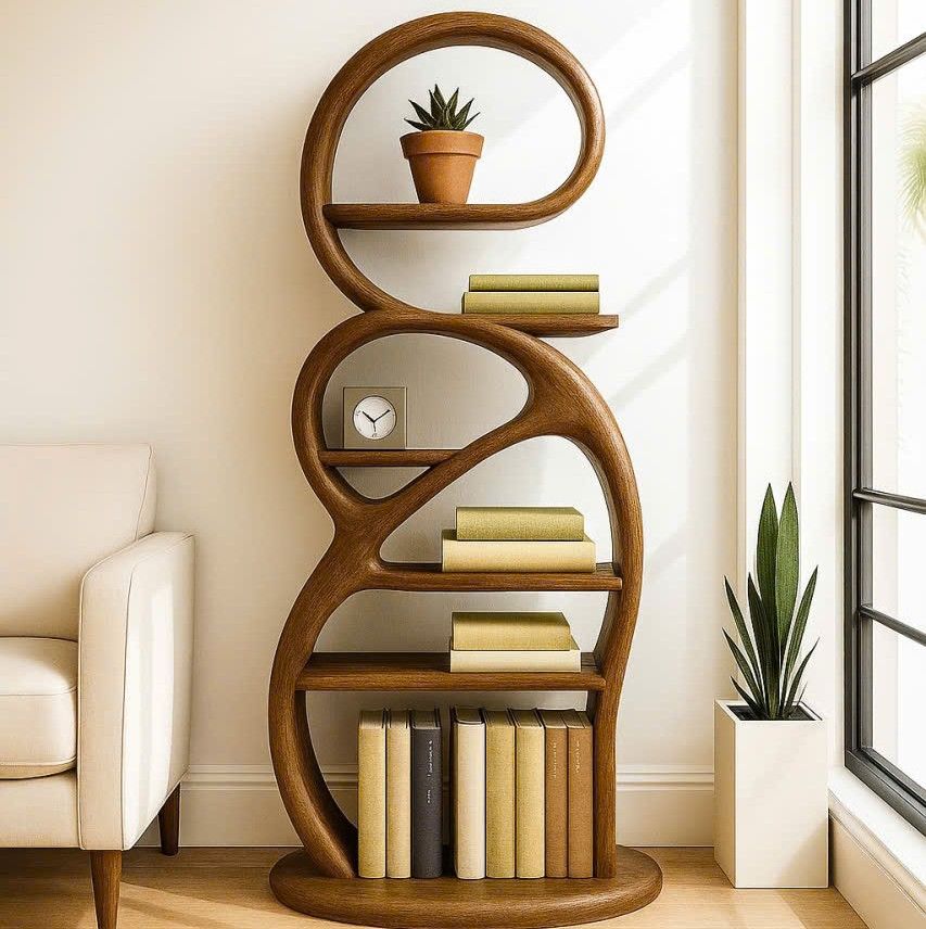 Modern Wood Bookshelf with Organic Curves for Artistic Home Office