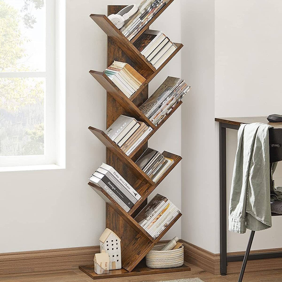 Tree-shaped Solid Wood 9-Tier Adjustable Floor-standing Modern Student Bookshelf with Back Panel