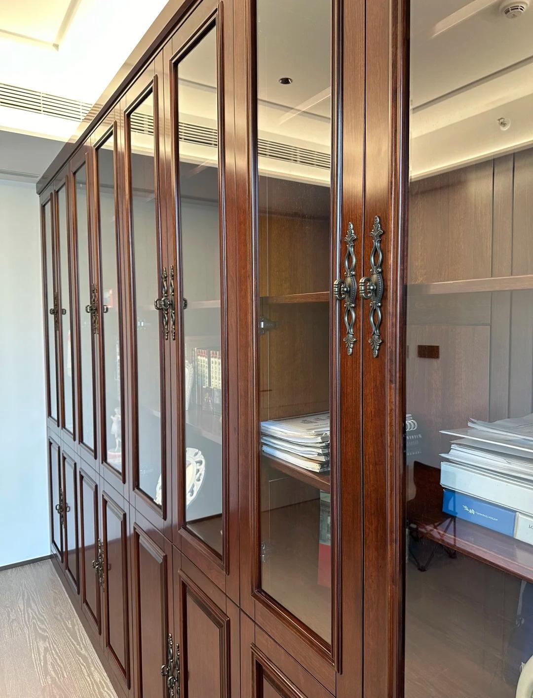 Solid Wood American-style Home Office Bookcase with Classic Glass Doors and Decorative Handles-Bedroom & Hotel Storage Solution