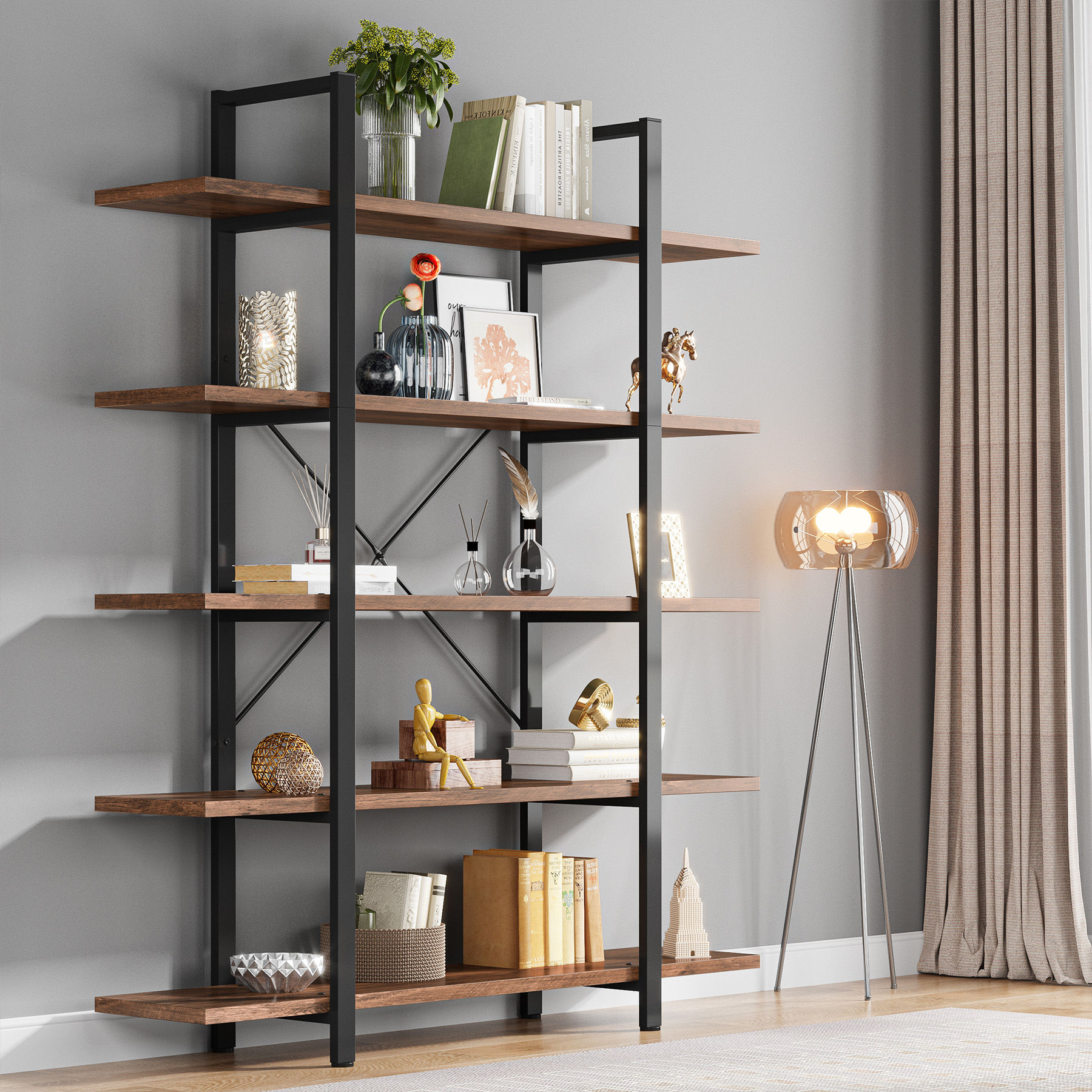Tribesigns Wholesale 5 Tier Industrial Black Bookshelf Standing Shelf Units, Ladder Shelf, MDF Bookcase Home Office Furniture