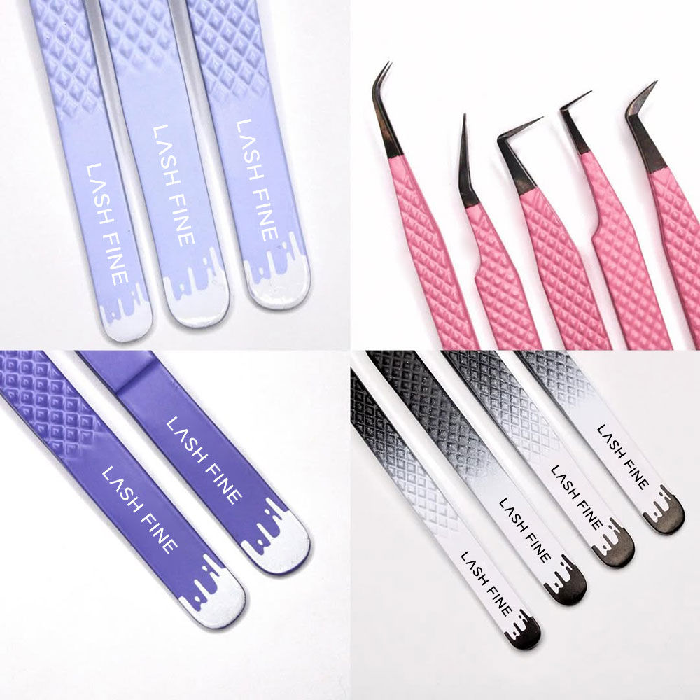 Lashfine Colourful Diamond Grip Eyelash Tweezers Custom Box Packing Private Label Fiber Tip Volume Lash Extension Tweezers Set