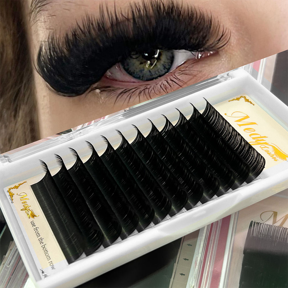 Medy Private Label Soft Russian Volume Eyelash Extension Trays Wholesale Dark Matte Black Silk Mink Cashmere Fan Eyelashes