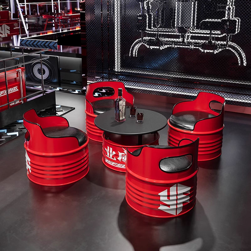 Modern Industrial Style Barrel Chair Set Round Metal Coffee Table & Oil Drum Furniture for Outdoor Kitchen or Home Bar Use