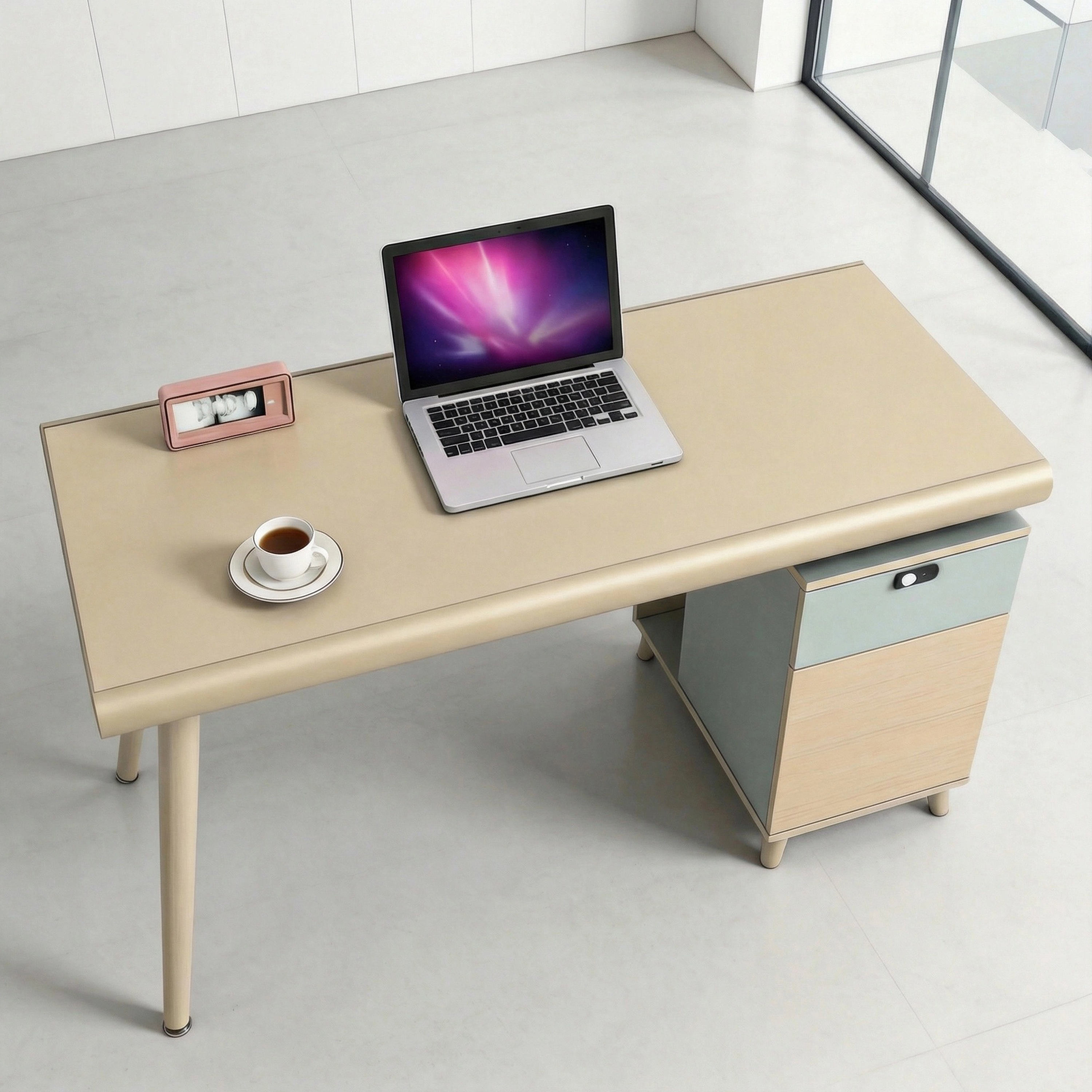 Minimalist Staff Office Desk with Open Shelves for Office Supplies & Decorative Items Display in Employee Work Zones