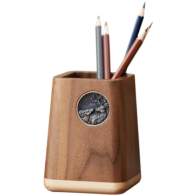 Black Walnut Solid Wood Pen Holder Nordic Minimalist Office Desk Stationery Storage Box Wooden Pen Holder Stand Pencils Holder