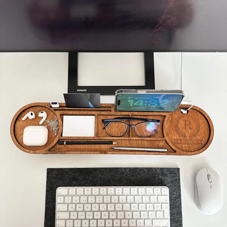 202412 Wooden Personalized Desk Organizer Office Desk Accessories with Phone Stand Wooden Desk Accessories Organizer