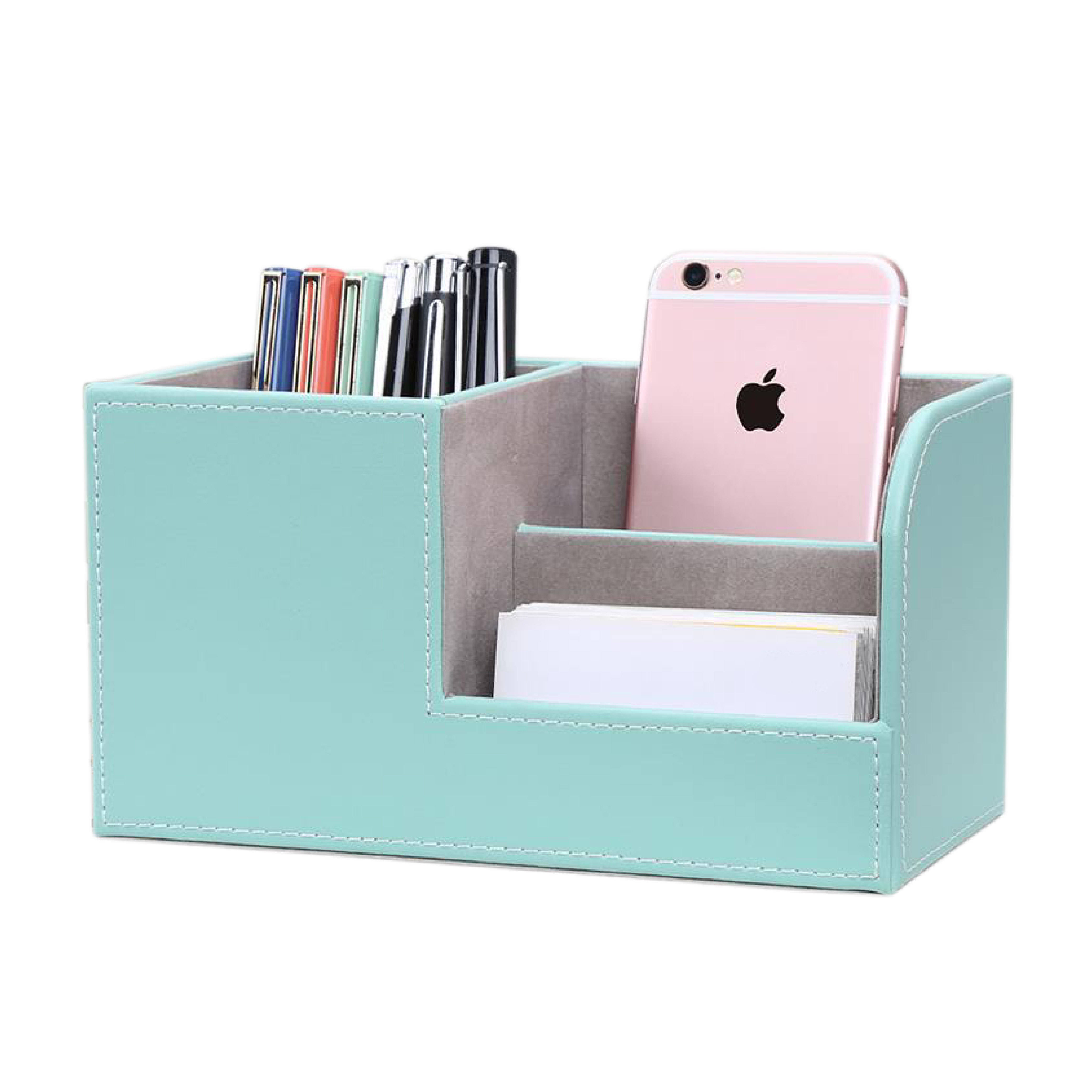 New Style Desk Organizer Good Quality Blue Pu Leather MDF Office Table Accessories Desktop Set