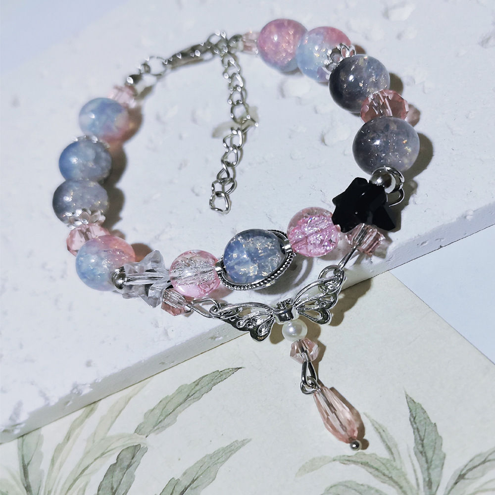 Fashion Fancy Colorful Cracked Glass Beads BFF Bracelets Promotion Silver Plated Butterfly Charm Chinese Style Bracelets