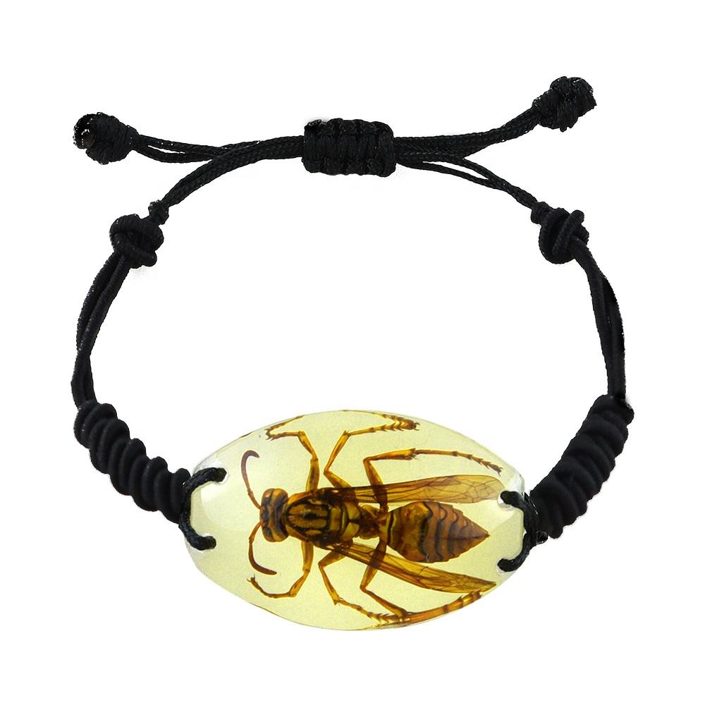Handmade Real Insect Jewelry Luminous Amber Fossil Bracelet with Hornet Pendant Bug Resin Bangle for Men