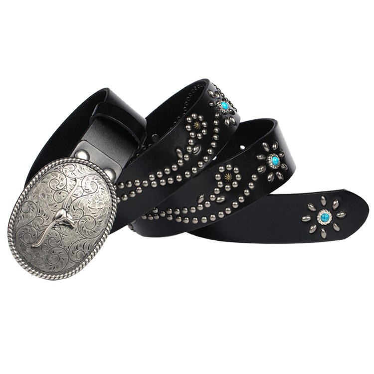 Retro Studded Belt Leather Punk Belt Turquoise Decorative Belt