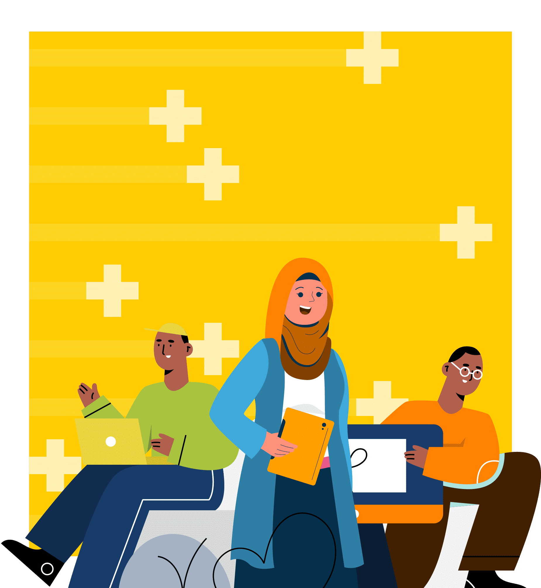 Ilustrasi tiga orang muda berkolaborasi dengan teknologi - seorang pria dengan laptop mengenakan baju hijau, seorang wanita berhijab di tengah memegang tablet mengenakan baju biru, dan seorang pria berkacamata dengan tablet mengenakan baju oranye, berlatar belakang kuning dengan pola plus