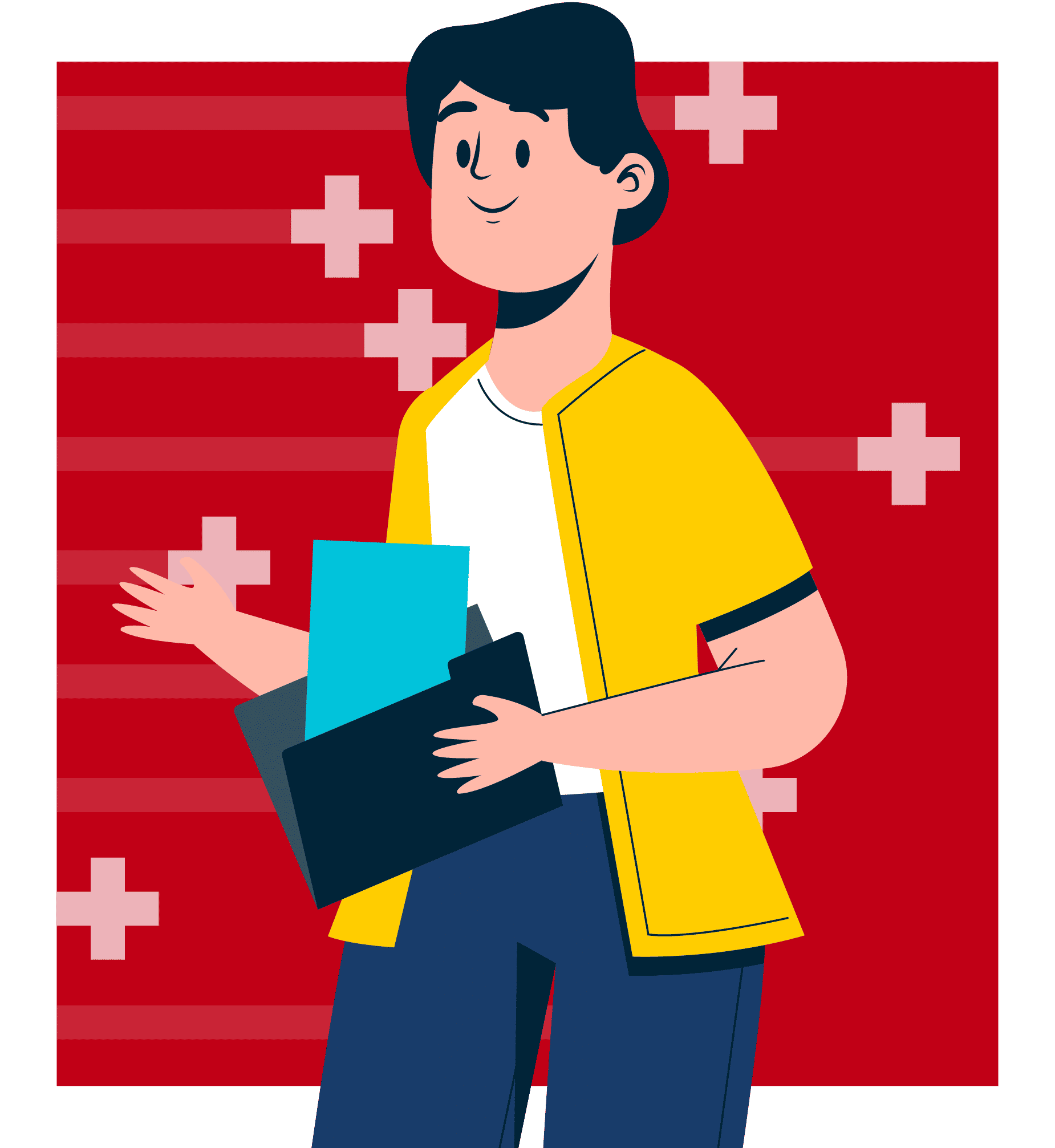 Ilustrasi seorang pria muda memegang buku dan laptop sambil melambaikan tangan, mengenakan kaos kuning dengan raglan putih, berlatar belakang merah dengan pola plus