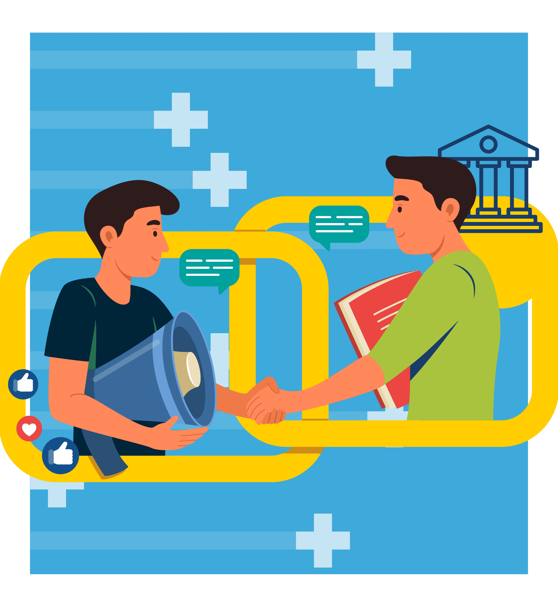 Ilustrasi dua orang pria berjabat tangan dalam suasana profesional, satu memegang megafon dan satu memegang buku, dengan ikon bangunan institusi di latar belakang, berlatar kuning dan biru dengan elemen media sosial