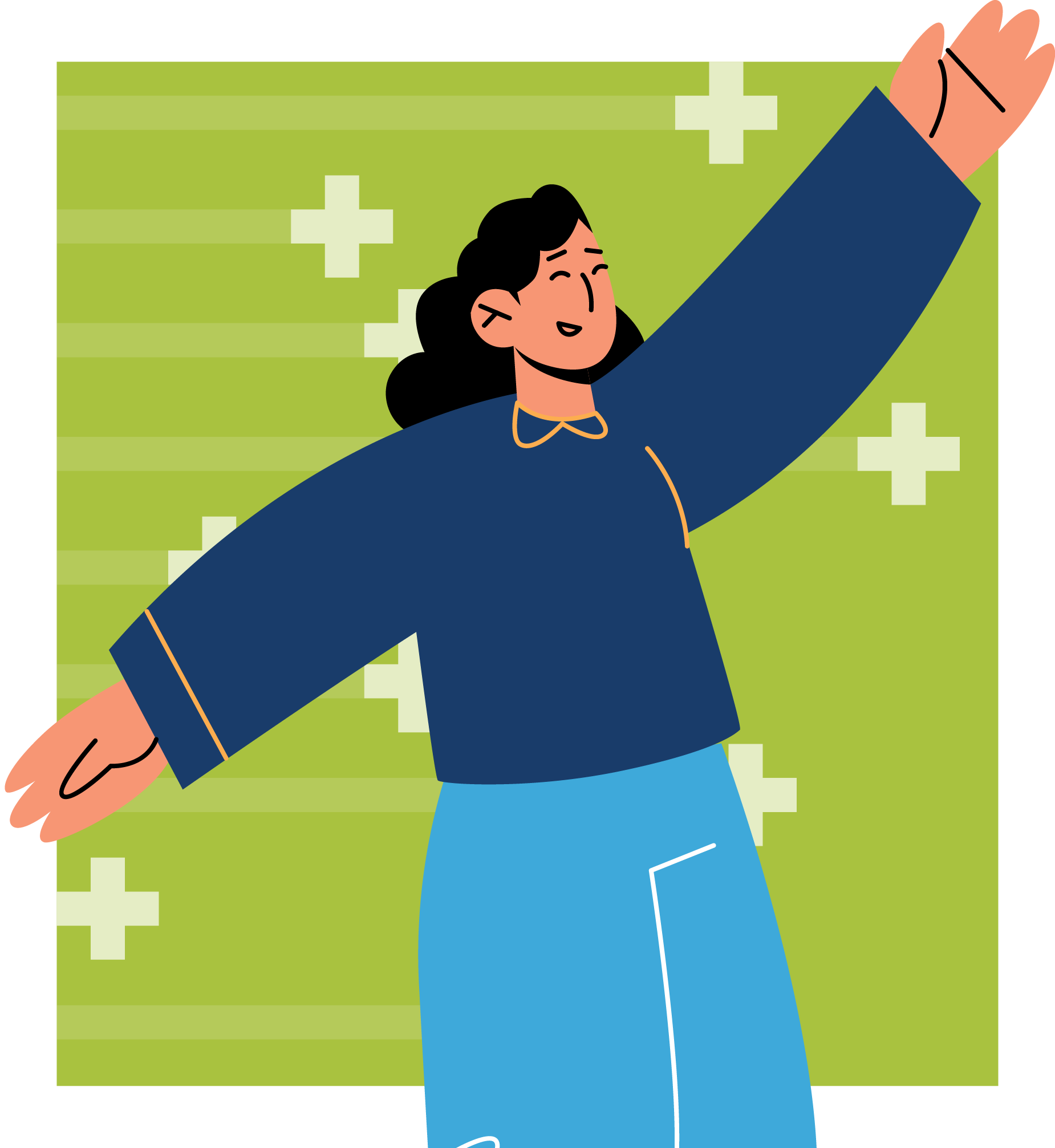 Ilustrasi seorang wanita muda dalam pose merayakan kesuksesan dengan tangan terangkat, mengenakan blazer biru tua dengan dasi kupu-kupu, berlatar belakang hijau dengan pola plus