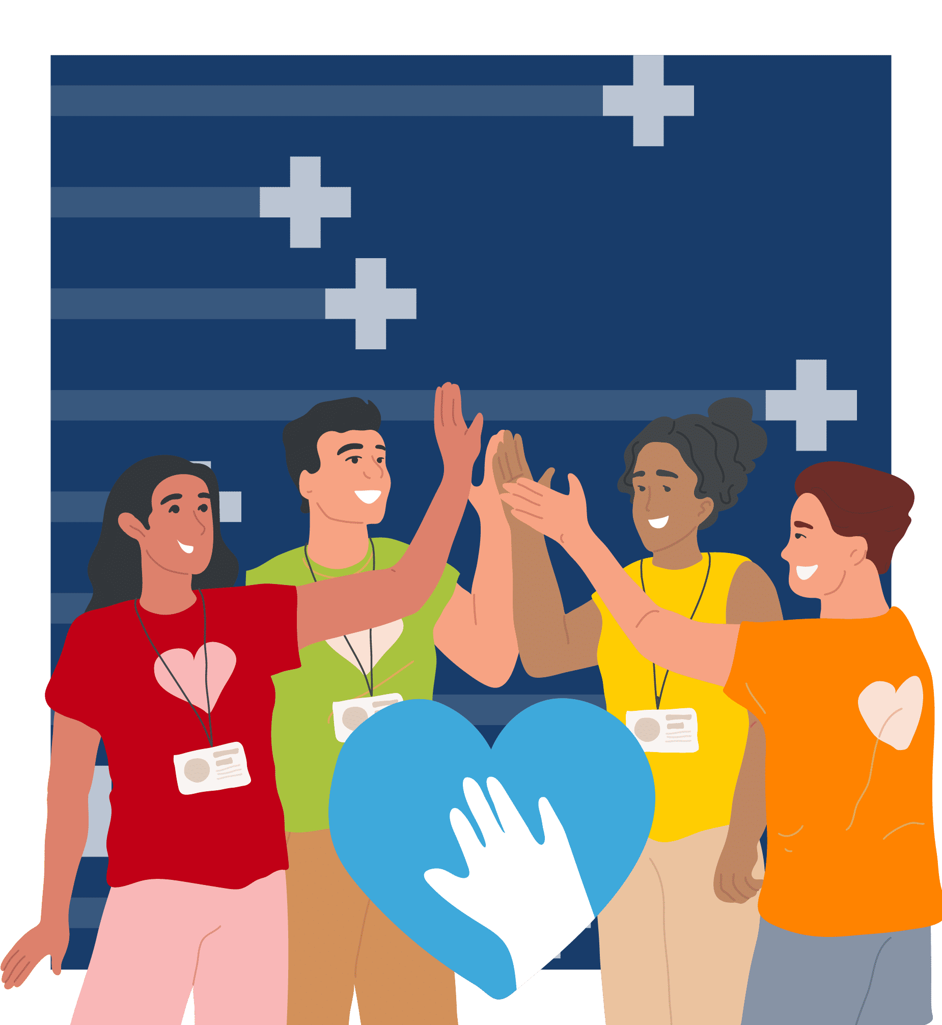 Ilustrasi kelompok lima orang muda yang beragam sedang tos bersama dengan penuh semangat, masing-masing mengenakan ID badge dan pakaian berwarna-warni, dengan simbol hati biru di tengah, berlatar belakang biru gelap dengan pola plus