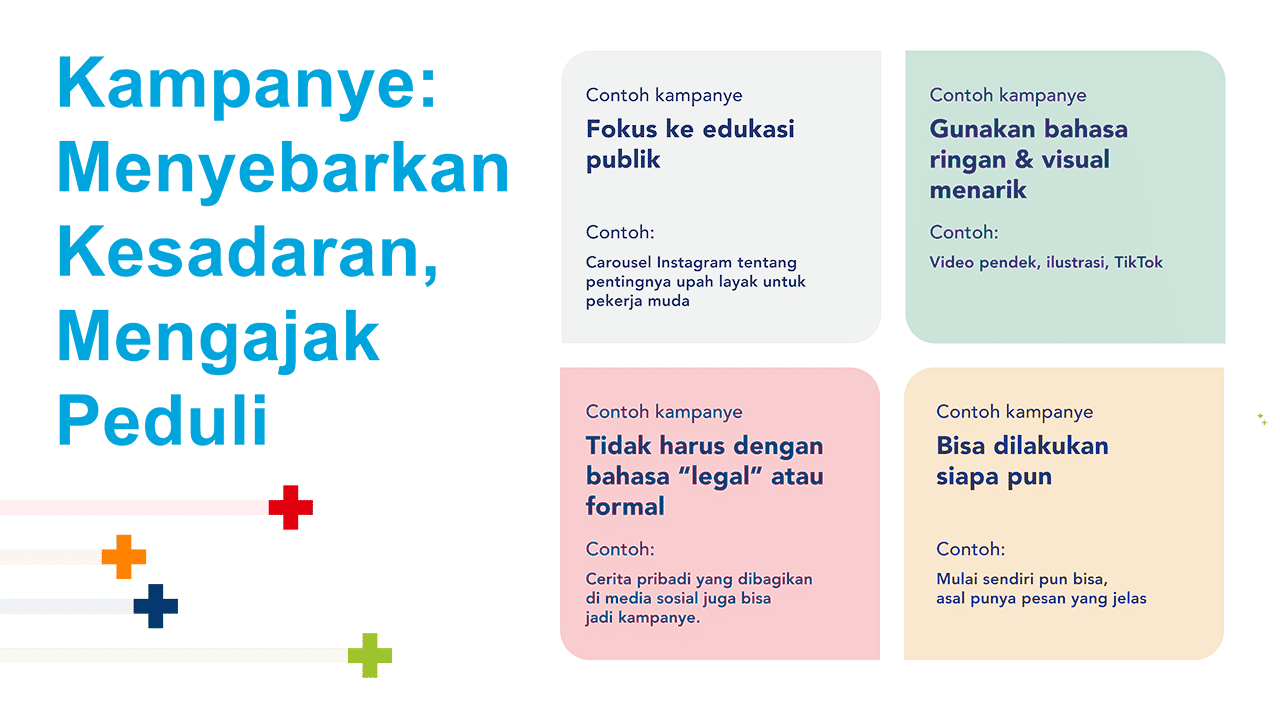 Colorful infographic with a dark blue left column of bullet points and four panels on the right.