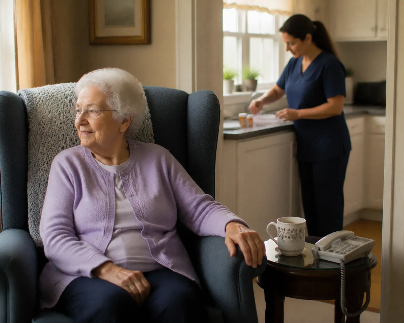 Home care coordinator speaking with adult son and elderly mother