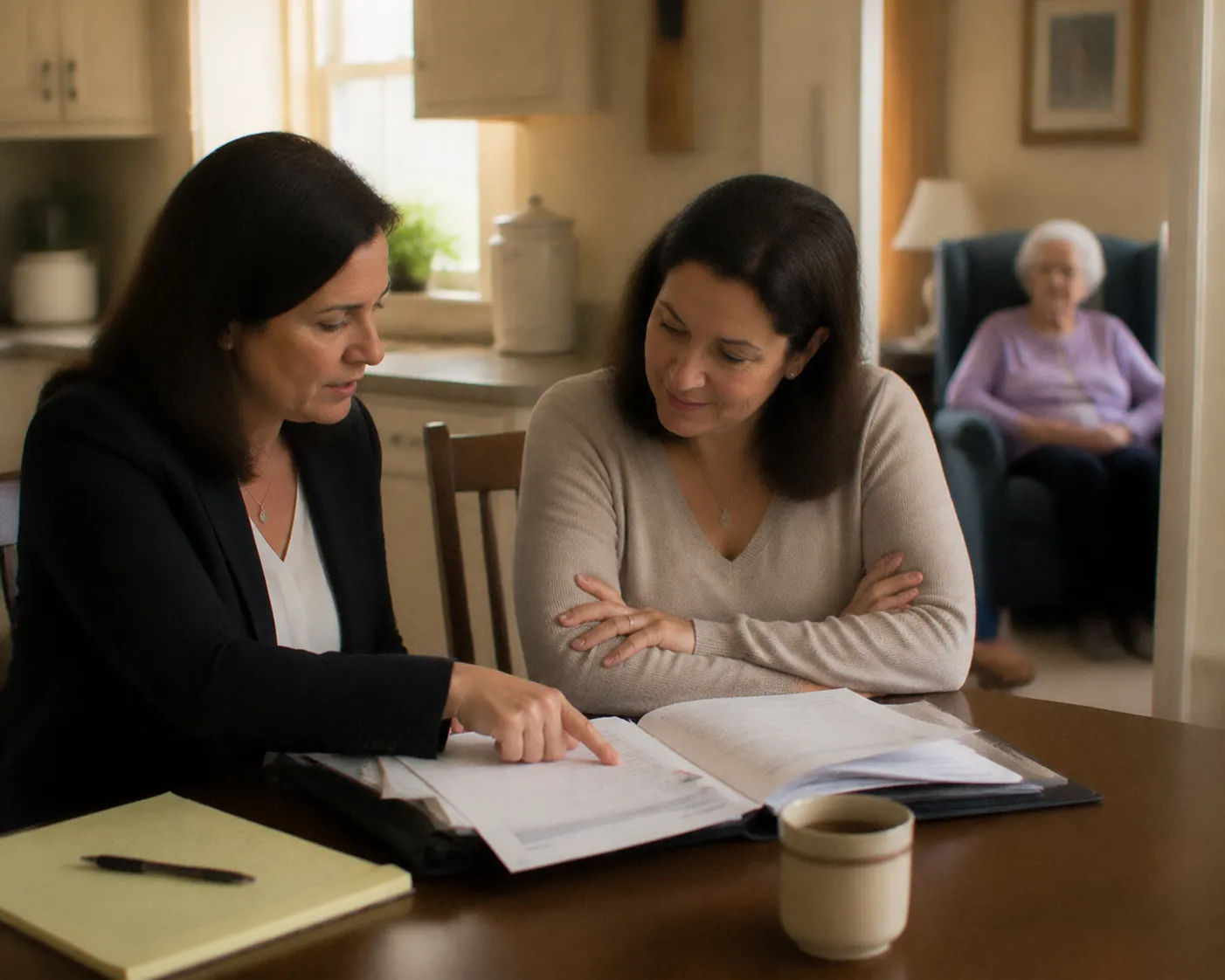 Adult woman sitting at a kitchen table reviewing home care costs