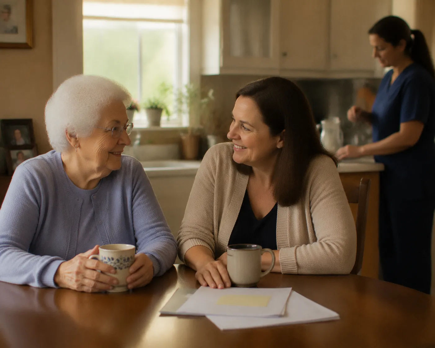 Care coordinator reviewing home care paperwork with an adult daughter