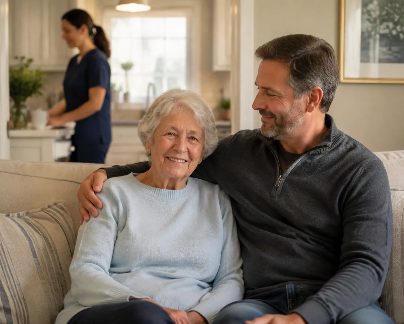 Female home care aide arriving at an elderly woman's front door