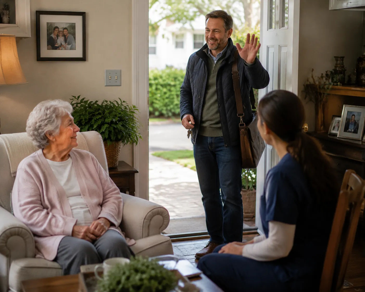 Nurse and home care aide reviewing a care document together