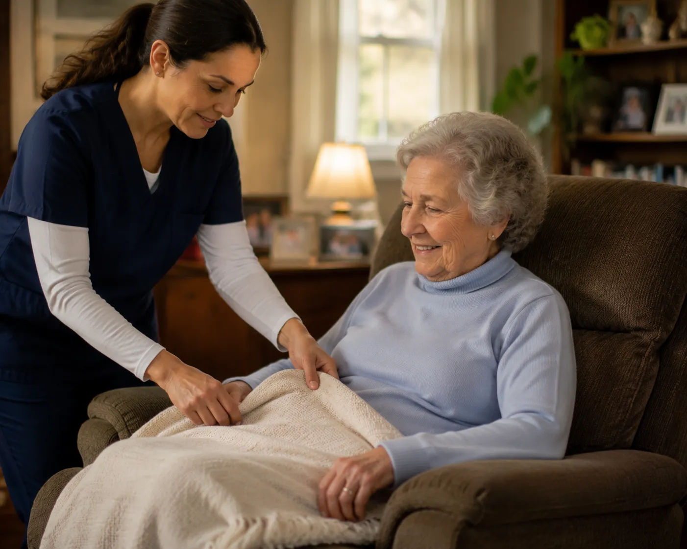 Adult woman weighing home care options at her kitchen table