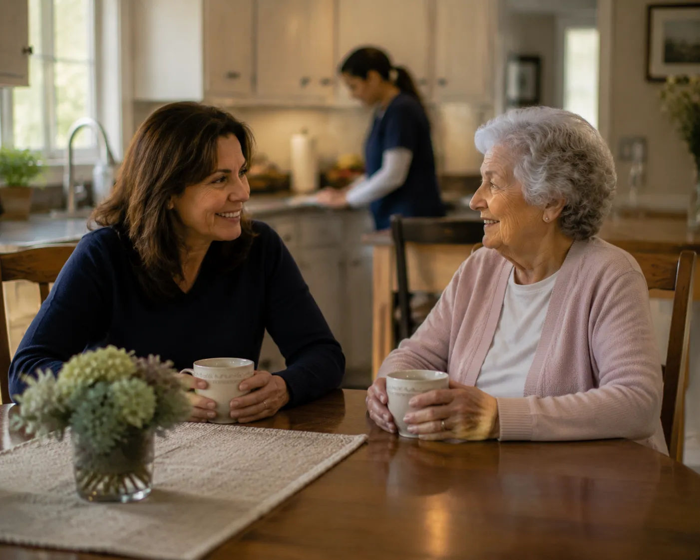 Female home care aide helping an elderly woman settle into a chair