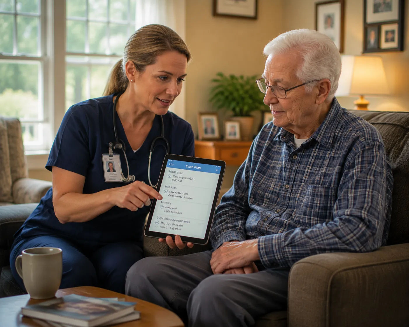 Home health aide reviewing paperwork with an elderly woman at a kitchen table