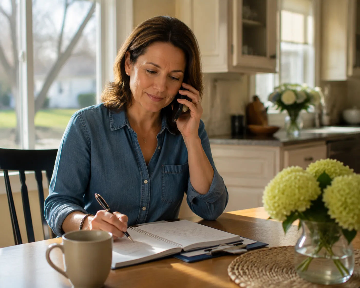 Registered nurse reviewing a care plan tablet with an elderly man