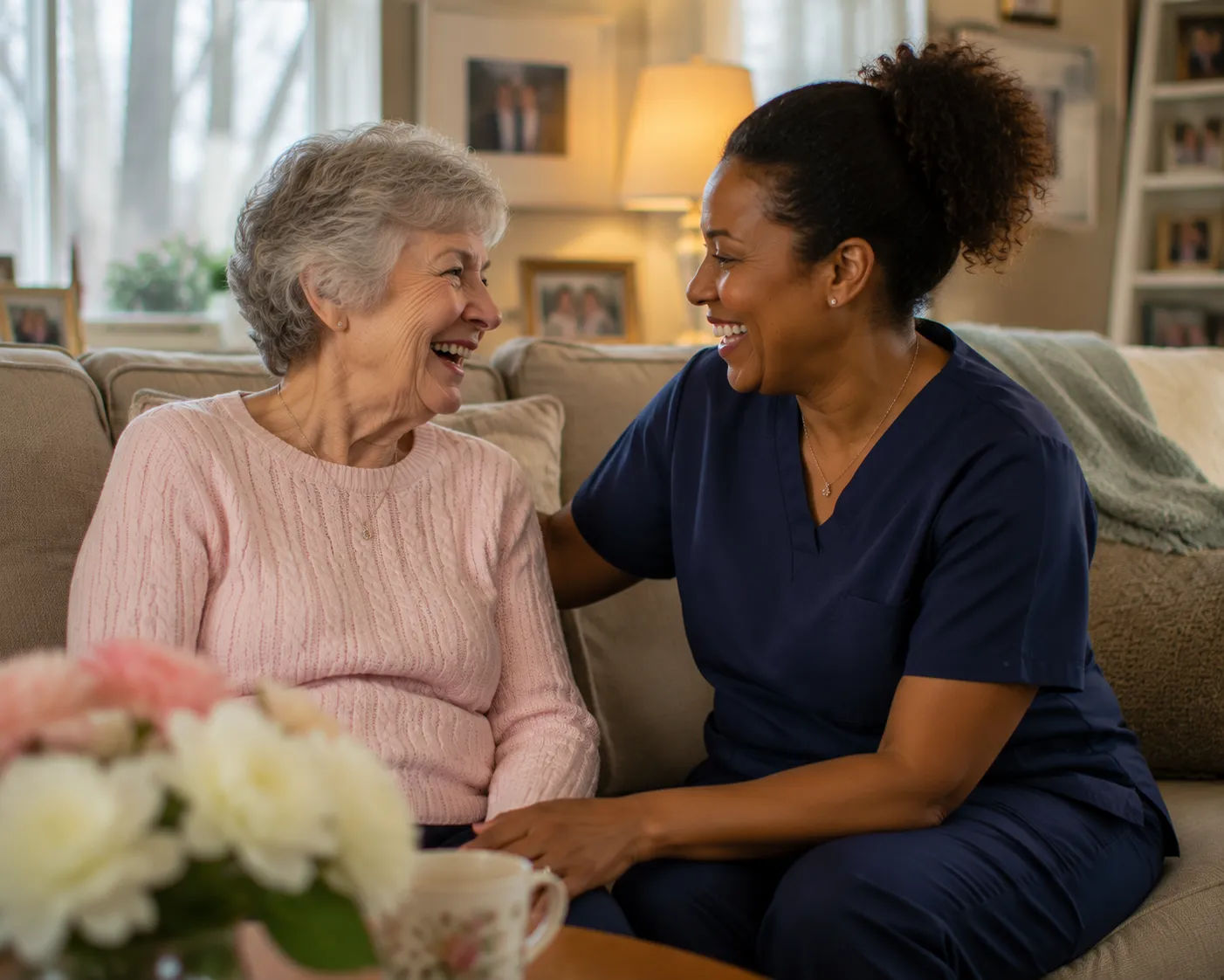 Home care nurse reviewing a care plan with a smiling caregiver in an office