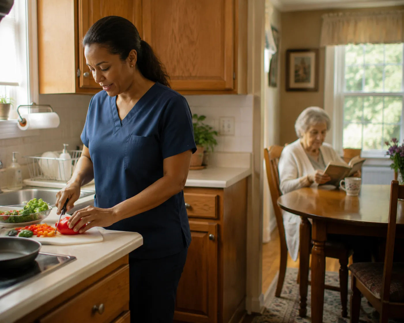Adult daughter looking at stacked dishes in elderly father's kitchen