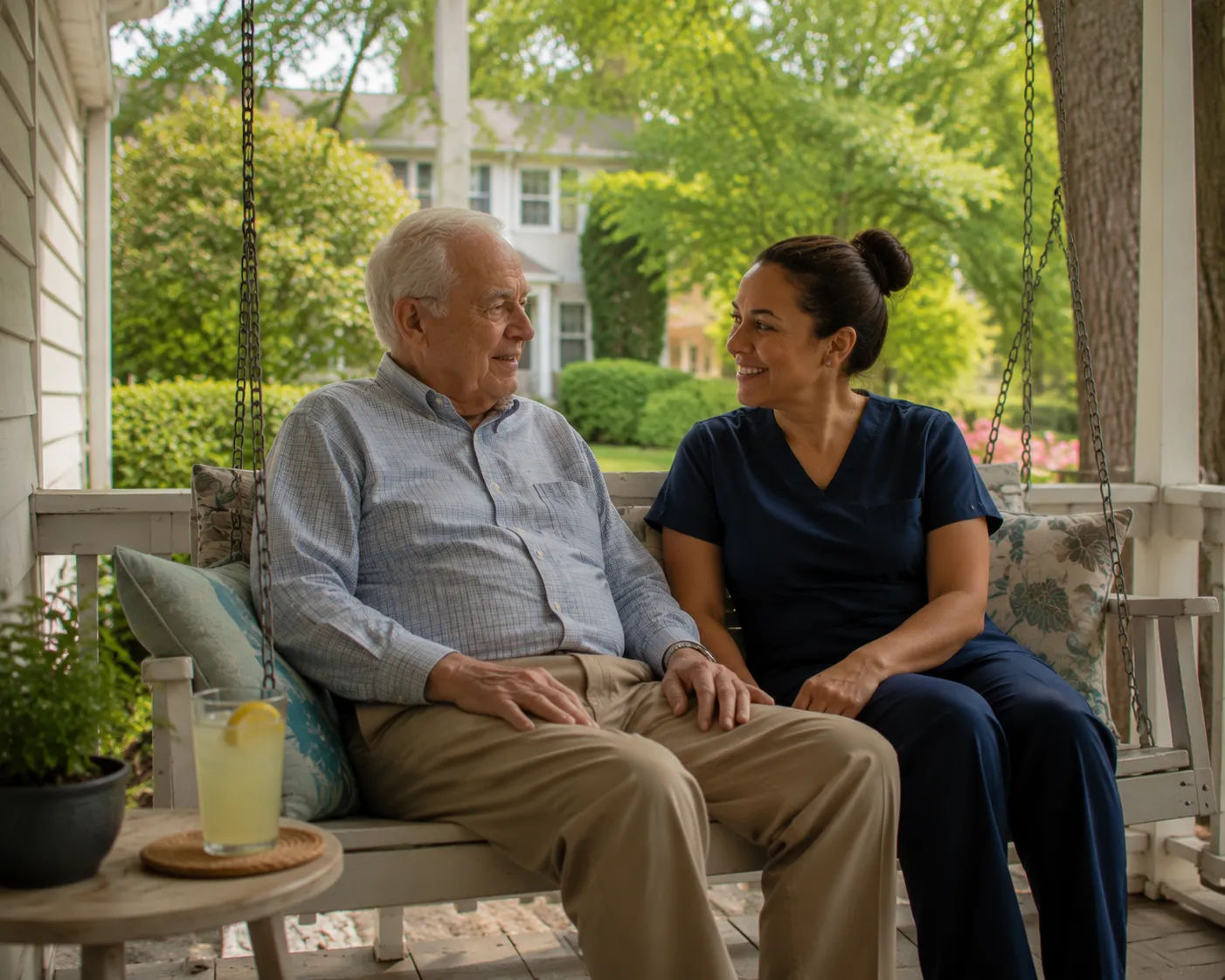 Home care aide preparing a meal in a bright Connecticut kitchen while elderly woman reads