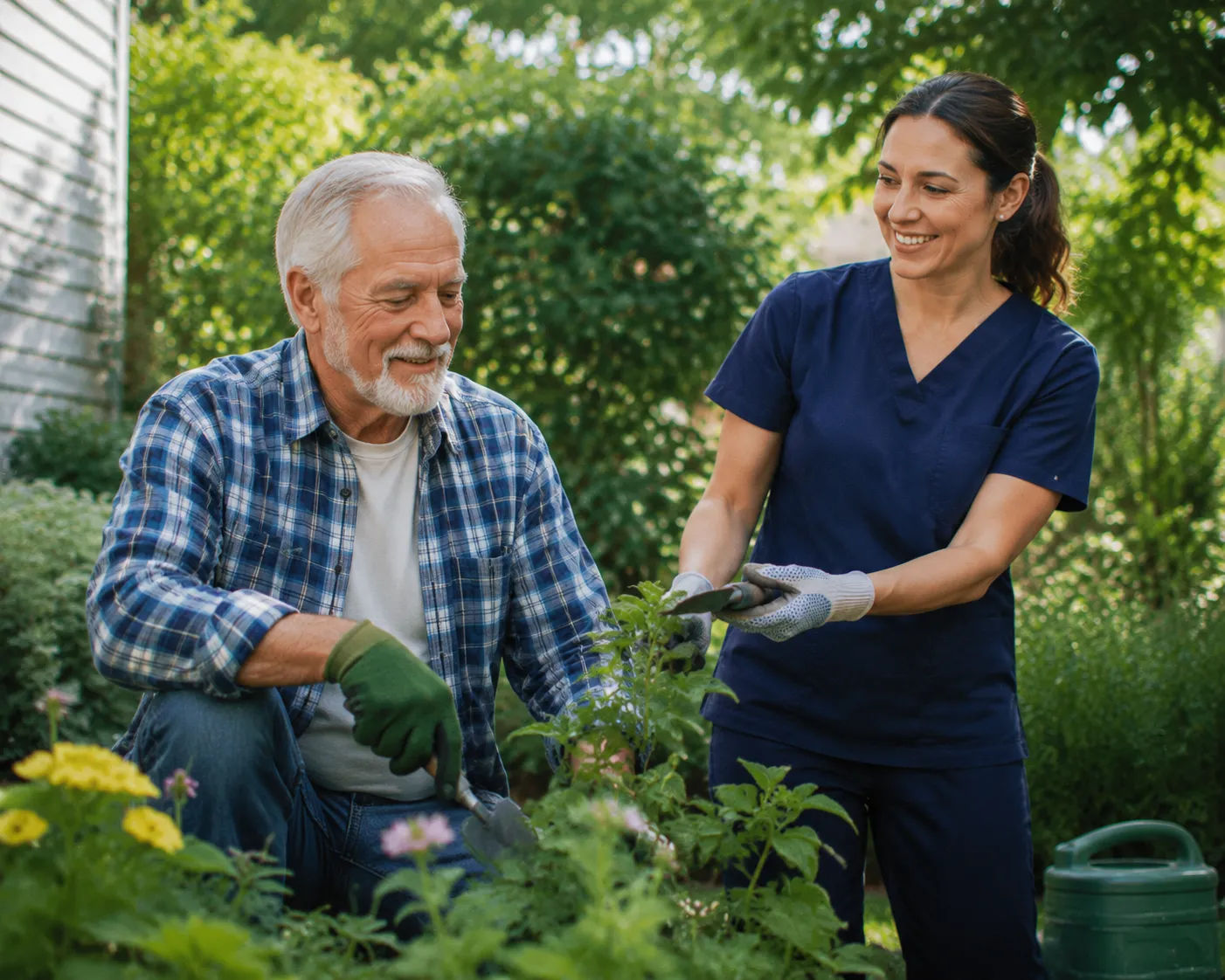 Female home care aide reviewing a medication schedule with an elderly man at a dining table