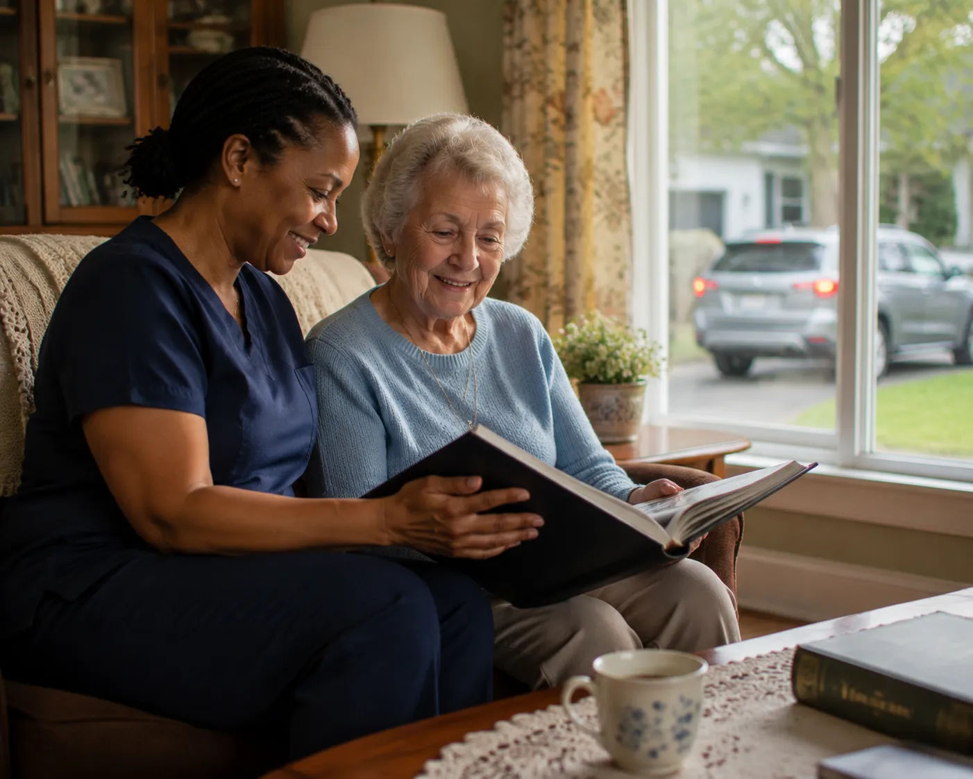 Exhausted family caregiver sitting alone on front steps in early morning