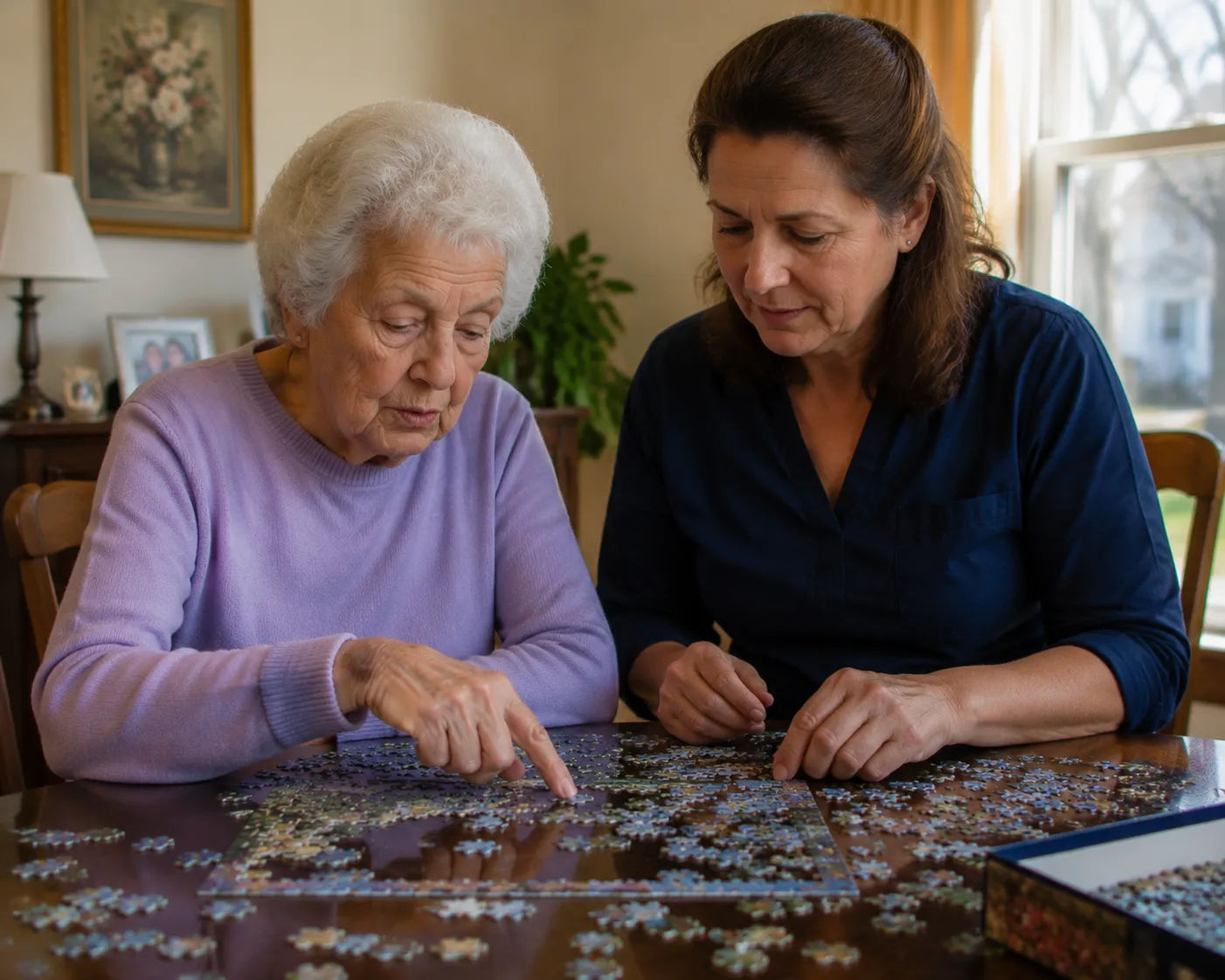 Elderly woman sitting alone at a dining table looking out the window