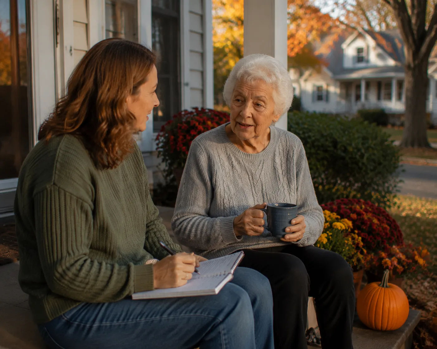 Adult daughter and elderly mother having a grounded conversation on their front porch