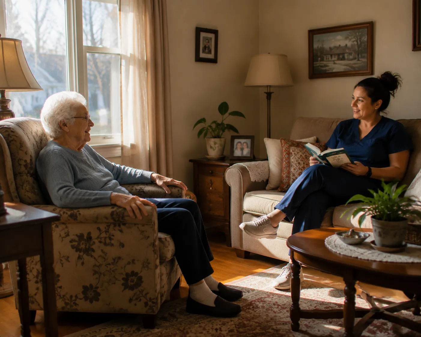 Home care aide helping an elderly woman organize her pill box in a Bristol kitchen