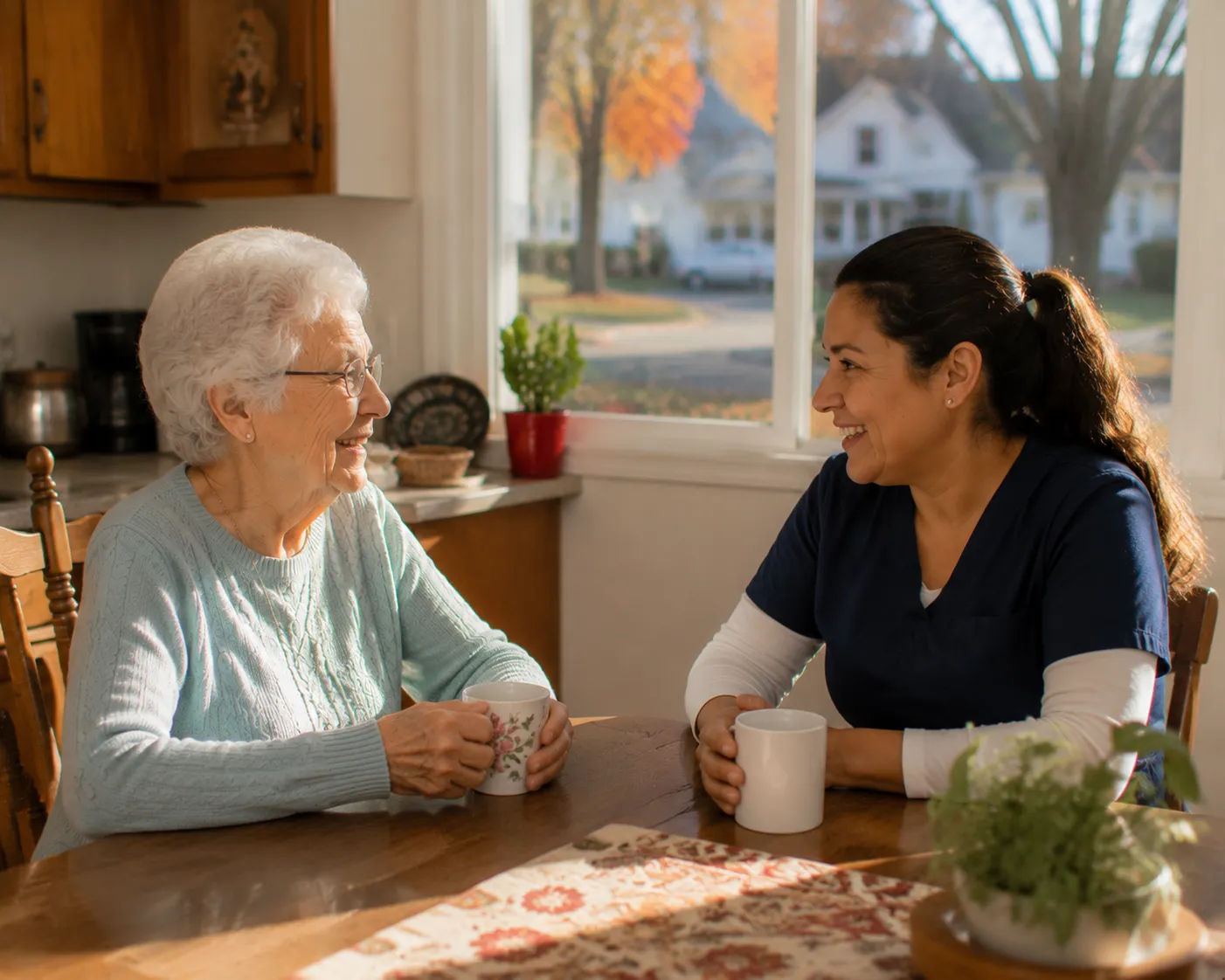 Registered nurse in a home care office reviewing a printed care plan