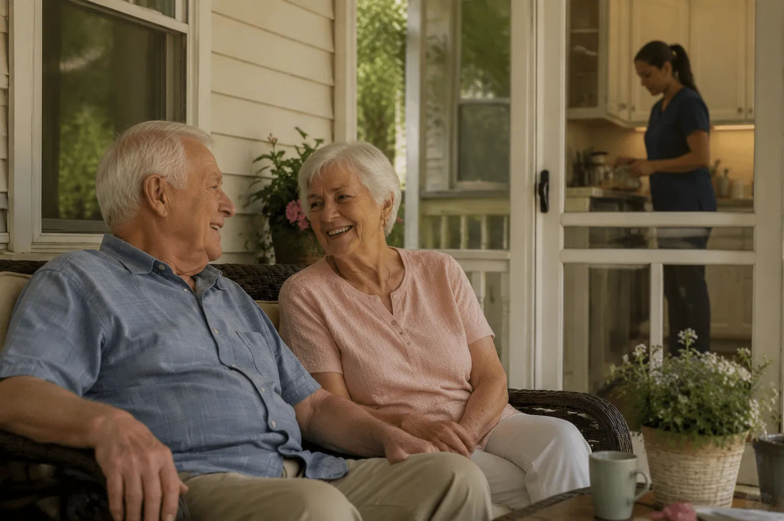 Home care aide accompanying an elderly man grocery shopping in central Connecticut