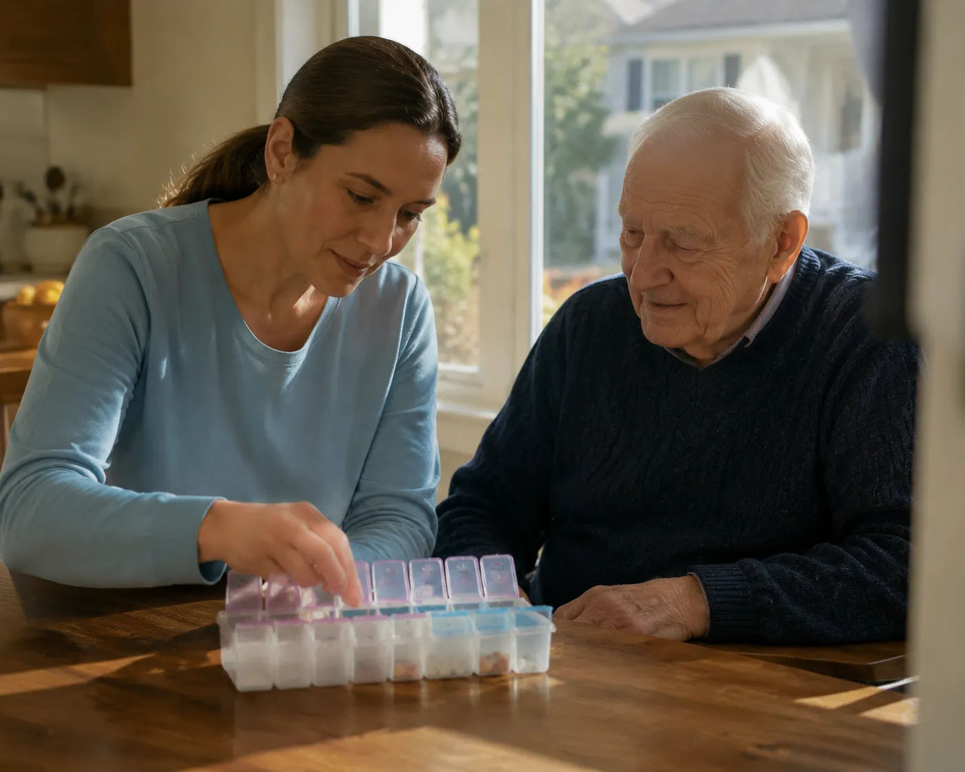 Home health aide reviewing a medication organizer with an elderly man at a kitchen table