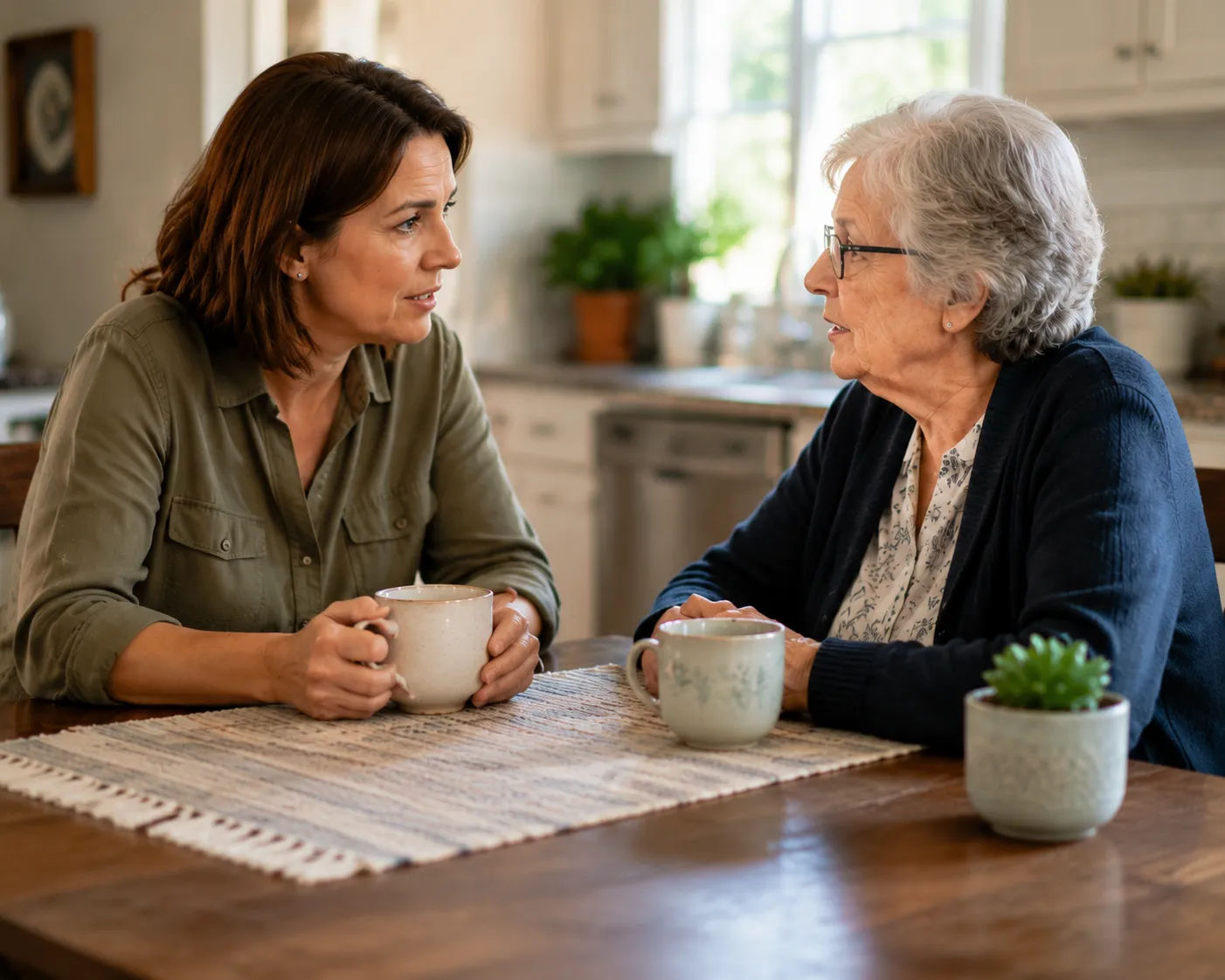 Daughter asking her elderly mother a question during a visit