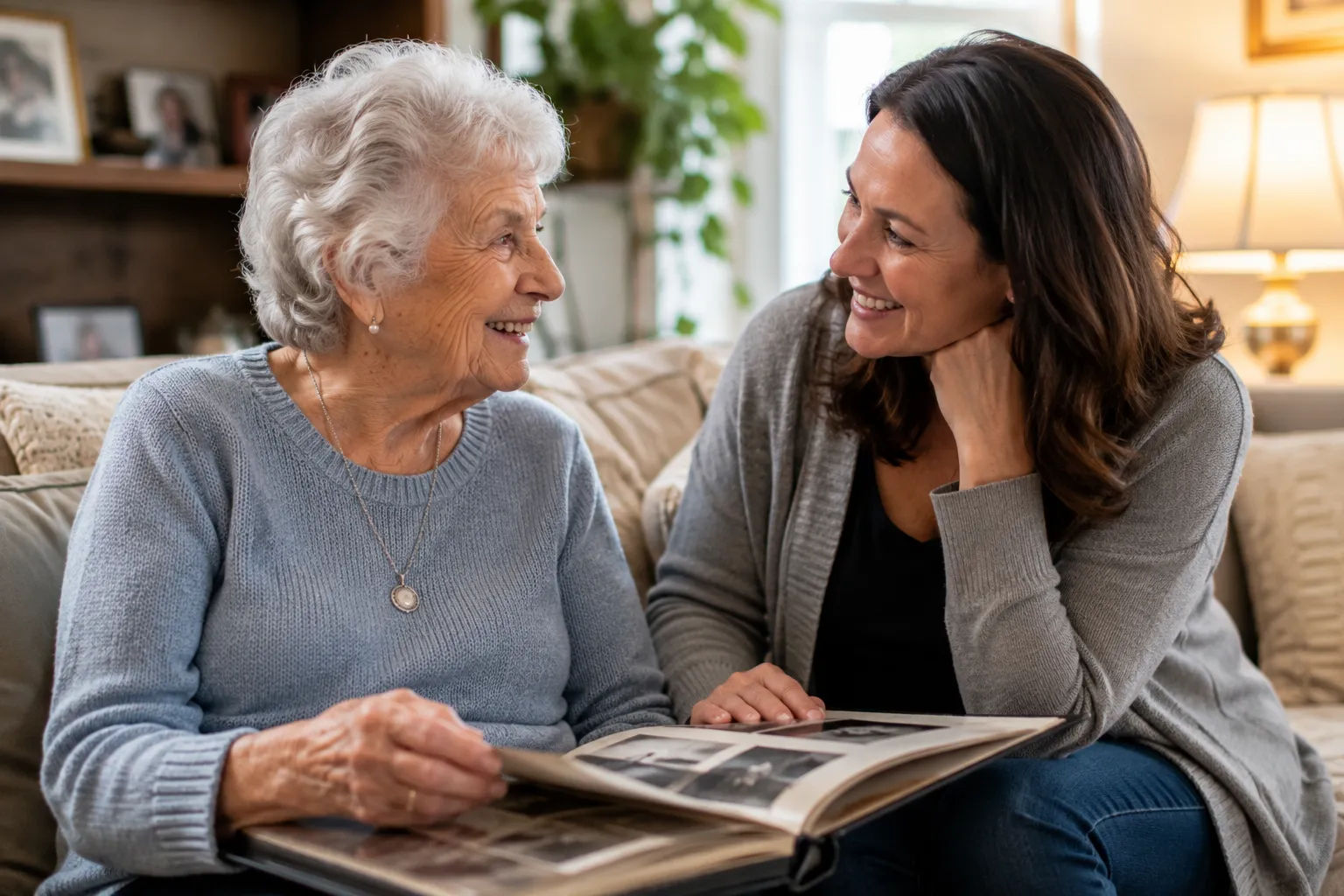 Family gathering sharing stories and laughing