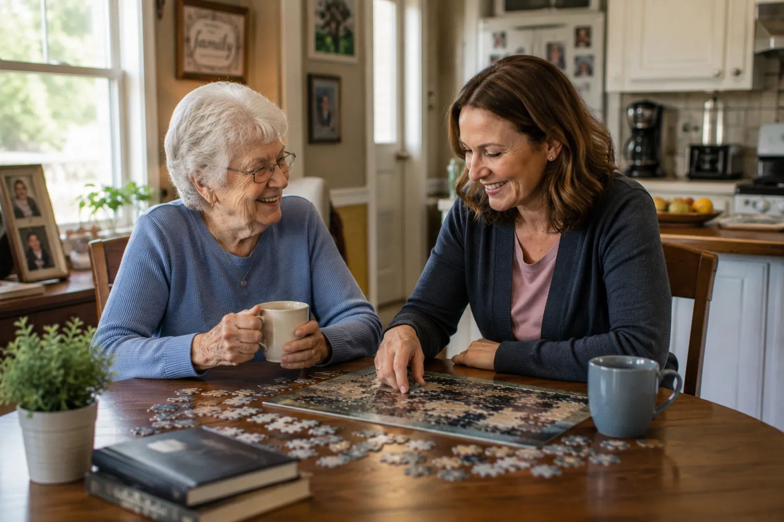 In-home caregiver assisting an elderly woman