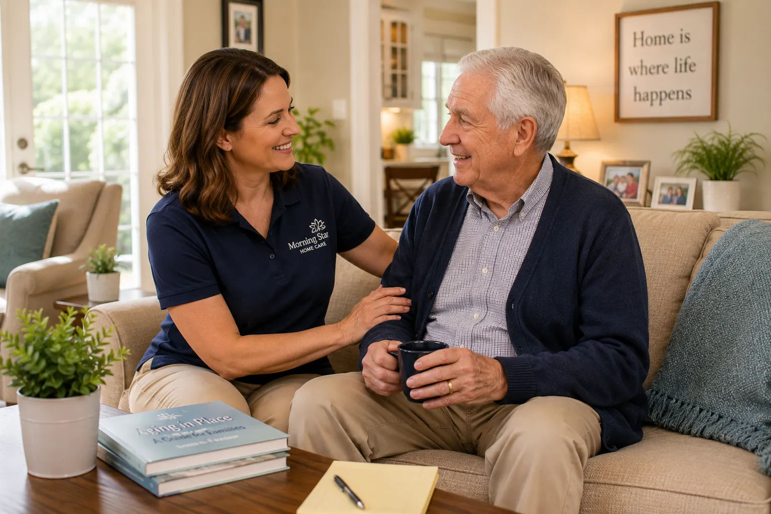 Caregiver reviewing an aging in place care plan with a senior client